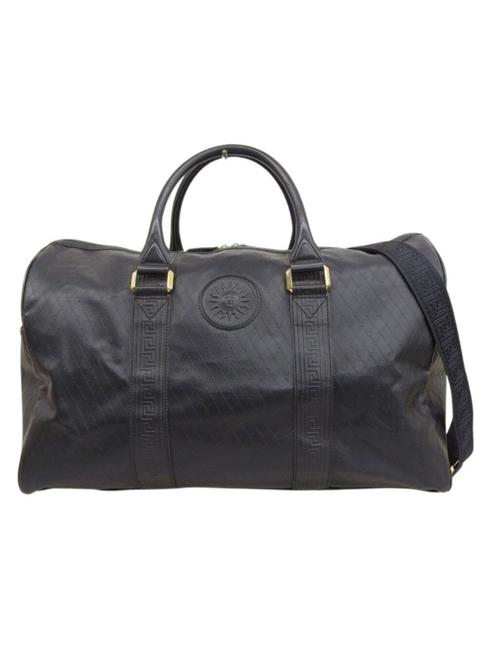 Versace Gianni Leather Sun God Shoulder Boston Bag Black